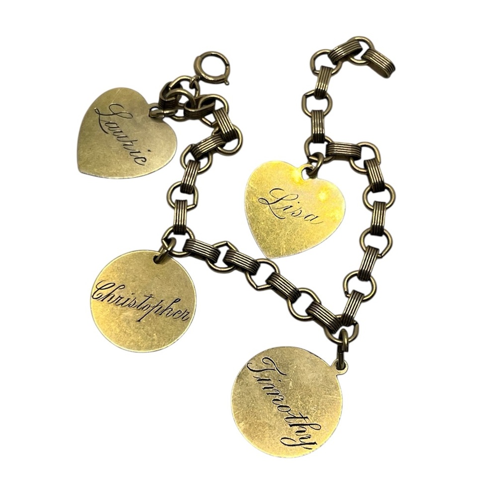 12k gold filled 1950’s & 60’s charm bracelet engraved children’s names vintage